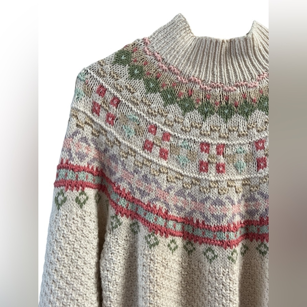 Vintage ivory knit pastel colorful cowl neck sweater - Picture 2 of 4